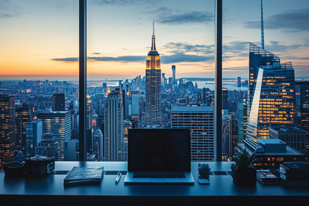 A stunning view of the New York City skyline at sunset, featuring the Empire State Building.の素材