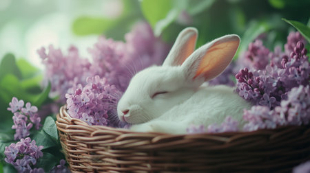 A white rabbit rests calmly in a woven basket surrounded by blooming purple lilacs under bright sunlight, creating a serene and tranquil atmosphere.の素材