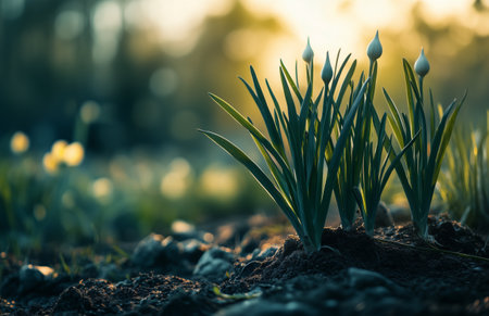 Sunset light illuminates a small patch of green onions sprouting from rich soil in a tranquil garden, highlighting their fresh growth against a soft, peaceful background.の素材