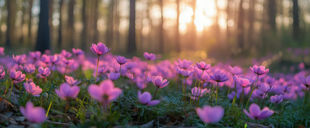 Soft pink wildflowers blanket the forest floor as golden sunlight filters through tall trees during a tranquil spring evening. Nature showcases its vibrant beauty in perfect harmony.の素材