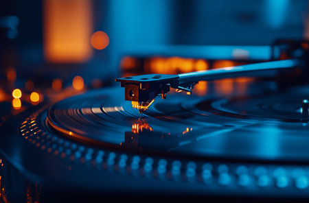 A close-up view of a vinyl record spinning on a turntable, with the needle carefully tracking the grooves, all illuminated by warm, soft lighting that creates a cozy atmosphere.の素材