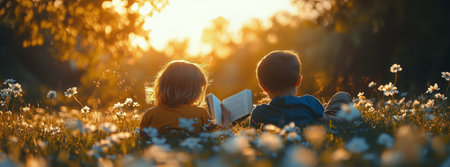 Two children are sitting in a vibrant field of flowers, engrossed in reading books as the golden sun sets behind them, casting a warm glow across the landscape.の素材