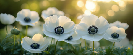 White anemone flowers with dark centers bloom vibrantly in a sunlit garden. The delicate petals catch the golden light, creating a serene and peaceful atmosphere.の素材