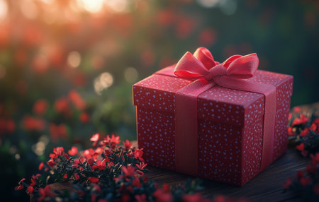 A vibrant red gift box adorned with a bow rests on a wooden surface. Surrounding the box are cheerful flowers, illuminated by the warm light of sunset.の素材