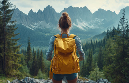 A person stands in a lush forest, gazing at a stunning mountain range under a cloudy sky. The sunlight highlights the scenic beauty of nature during the afternoon.の素材