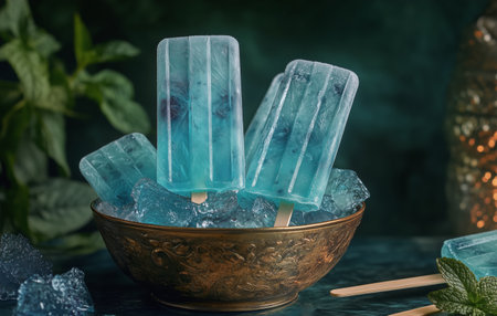 Mint and blueberry popsicles rest in a vintage bowl filled with ice, creating a refreshing summer treat. The rich blue color contrasts beautifully against the dark background.の素材