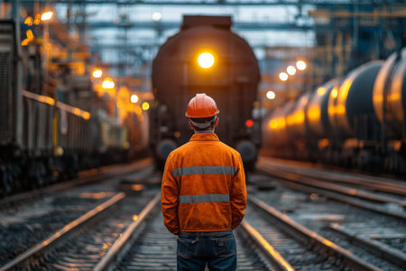 A construction worker wearing a yellow hard hat and orange safety vest stands on the tracks, looking at a yellow train approaching. The atmosphere is overcast and industrial.の素材