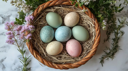 Pastel-colored eggs are nestled in a straw-filled basket, accented by delicate flowers and greenery on a marble countertop, evoking a festive and spring-like atmosphere.の素材