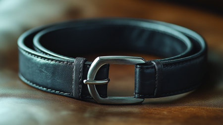 A black leather belt is elegantly arranged on a vibrant blue and pink background, showcasing its sleek design and stylish appeal as a fashionable accessory.の素材