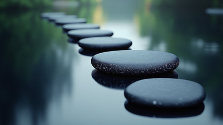 Three smooth stones are stacked harmoniously on a sleek surface, with a green plant in the background creating a calming atmosphere in a contemporary setting.の素材