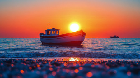 A small boat floats serenely on a calm sea as the sun sets on the horizon. The sky is painted with vibrant hues of orange and yellow, reflecting on the water.の素材