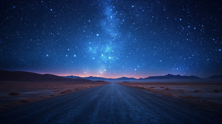 Soft sands stretch across the foreground while an array of stars twinkle overhead against a backdrop of brilliant reds and blues as dusk falls in the desert.の素材