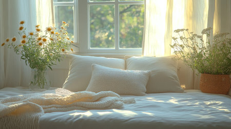 A cozy bedroom features a soft pillow resting on a neatly arranged bed. Natural light filters through the window, creating a peaceful and inviting atmosphere.の素材