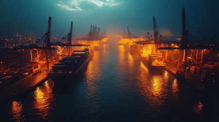 In a foggy harbor, large cranes tower over rows of shipping containers, their lights glowing softly in the misty night. A quiet ambiance envelops the area.の素材