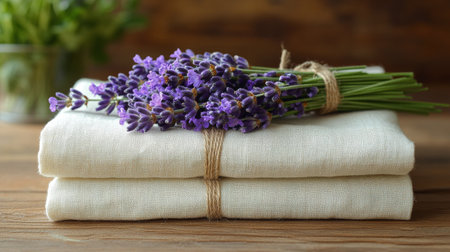 A beautiful bouquet of fresh lavender rests atop two neatly stacked linen towels, creating a calming and elegant decor alongside greenery in the background.の素材