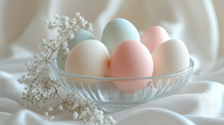 A bowl filled with pastel-colored eggs sits next to a window. Delicate flowers add a touch of spring, illuminated by soft natural light creating a serene ambiance.の素材