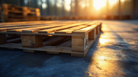 Stacked wooden pallets are illuminated by the warm glow of sunset in a storage yard. The sunlight casts a soft light on the pallets, creating a serene atmosphere.の素材