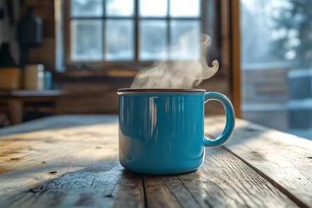 A steaming cup of coffee rests on a rustic wooden table in a cozy cafe. The background features soft lighting and comfortable seating, creating a warm atmosphere.の素材
