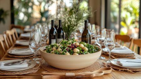 A large wooden bowl filled with fresh greens rests on a kitchen countertop. Large windows overlook a bustling cityscape, creating a vibrant atmosphere.の素材