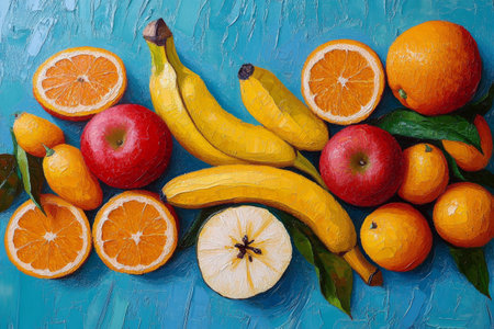 A collection of fresh fruits displayed on a bright blue background includes oranges, apples, bananas, grapes, and peaches arranged artistically to highlight their natural colors.の素材