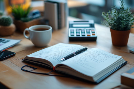 A neatly organized workspace features a notebook, pen, calculator, and a mug on a wooden table. A small plant adds a touch of greenery in this well-lit area.の素材