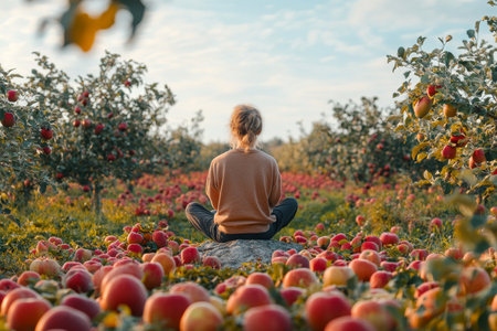 A person sits peacefully on a rock in an expansive apple orchard, surrounded by fallen ripe apples and lush trees, enjoying the tranquil atmosphere in the soft light of the day.の素材