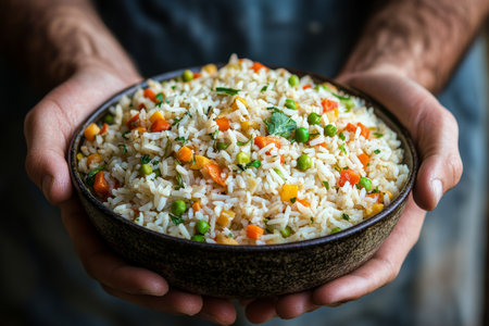 A person holds a bowl filled with colorful vegetable fried rice, featuring peas, carrots, and cilantro, set against a lush green backdrop in a bright outdoor space.の素材