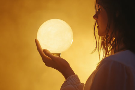 Soft hands cradle a luminous light bulb, radiating warmth in a dark setting, symbolizing ideas and creativity in an intimate atmosphere.の素材