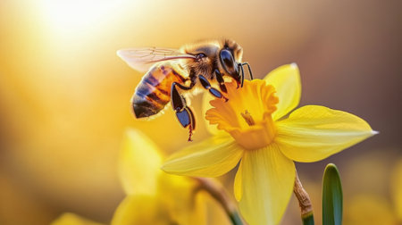 A bee hovers over a daffodil, gathering nectar during a sunny spring day. The flower's bright yellow petals contrast beautifully with the soft background light.の素材