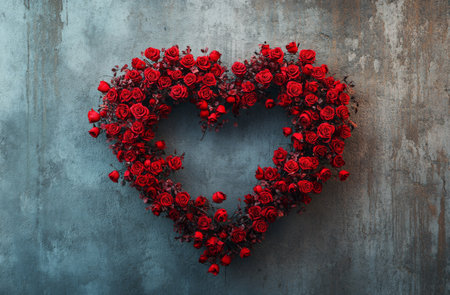 A heart-shaped arrangement of vibrant red roses is set against a textured gray wall, perfect for expressing love on special occasions like anniversaries or Valentine's Day.の素材
