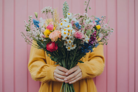 A person stands with a stunning bouquet of various flowers, hiding their face against a bright pink wall. The scene captures joy and beauty in a colorful setting.の素材
