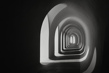 Arches line the corridor, casting dramatic shadows on the ground. The interplay of light and darkness adds depth to this historic passageway, inviting exploration.の素材