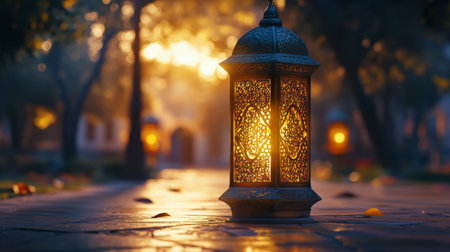 A beautifully crafted lantern casts a warm glow on a cobblestone street ...