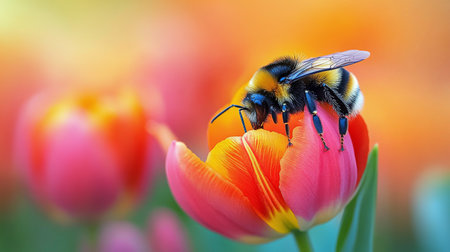 A bee lands on a striking red flower, gathering nectar with its legs and mouthparts. The soft petals contrast beautifully with the bee's fuzzy body in a tranquil garden.の素材