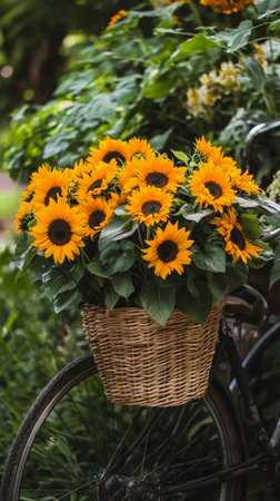 A wicker basket filled with bright sunflowers is placed on the front of a bicycle, surrounded by rich green foliage in a charming garden.の素材