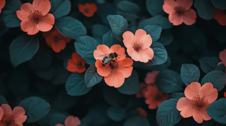 A bumblebee gathers nectar from delicate pink flowers in a colorful garden, showing nature's beauty during a sunny spring afternoon.の素材