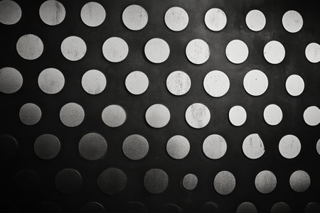 Circular shapes of different sizes and shades are arranged in a regular pattern against a dark background, creating a striking visual effect. The texture adds depth to the composition.の素材