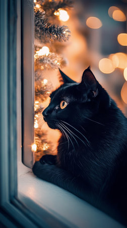 A black cat sits by a window, intently watching the raindrops slide down the glass, creating a cozy atmosphere indoors on a gray day.の素材
