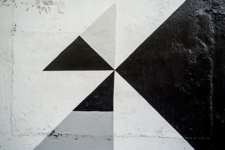 Two contrasting colors create a striking geometric design on a textured wall, showing a modern artistic approach. The lines and angles enhance visual interest.の素材