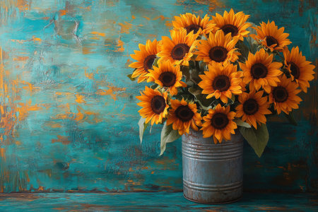 A vibrant bouquet of sunflowers sits in a weathered can, creating a striking contrast with the rustic teal wooden backdrop, showing natural beauty.の素材
