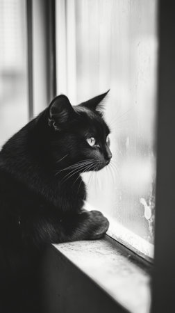 A black cat sits by a window, intently watching the raindrops slide down the glass, creating a cozy atmosphere indoors on a gray day.の素材
