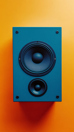 A bright blue speaker is mounted against a bold orange wall, featuring a large woofer and a smaller speaker, embodying a contemporary design ideal for music enthusiasts.の素材