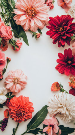 A circular arrangement of colorful flowers such as roses, anemones, and tulips decorates a light blue surface, creating a cheerful spring ambiance perfect for celebrations.の素材