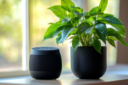 A sleek smart speaker sits beside a vibrant green potted plant on a wooden table, blending technology and nature in a cozy interior space filled with natural light.の素材