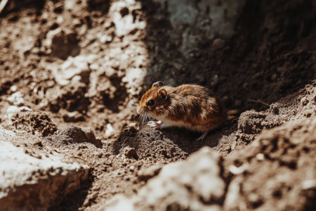 A brown rodent with a bushy tail is seen foraging through the soil in a rocky area. The creature appears active and alert, showcasing its natural behavior.の素材