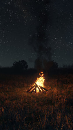 A vibrant campfire flickers in the middle of a vast field, illuminating the surrounding grass. The night sky is filled with countless stars, creating a serene atmosphere.の素材