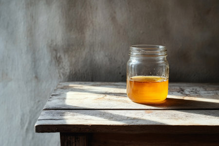A glass jar filled with a golden liquid is positioned on a weathered wooden table, showing the rich color and texture of the contents against the natural grain of the wood.の素材