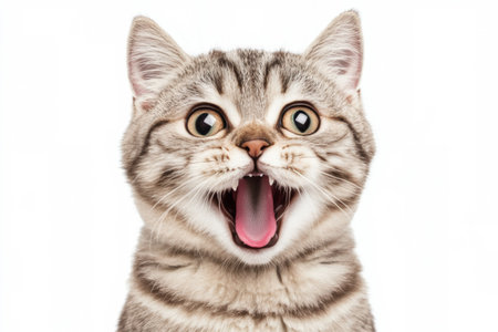 A playful cat expresses excitement with its mouth wide open. The animal stands against a black backdrop, showing its vivid features and energetic personality.の素材