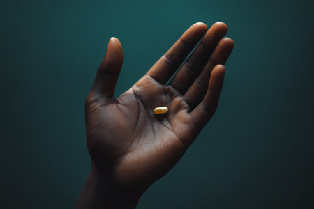 A hand gently holds a translucent golden gelatin capsule, with light shining through it, set against a dark background. The scene emphasizes the capsule's shape and texture.の素材