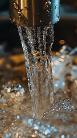 Water pours from a spout, creating shimmering bubbles and reflections in a serene, tranquil setting. The light dances on the surface, enhancing the beauty of the scene.の素材